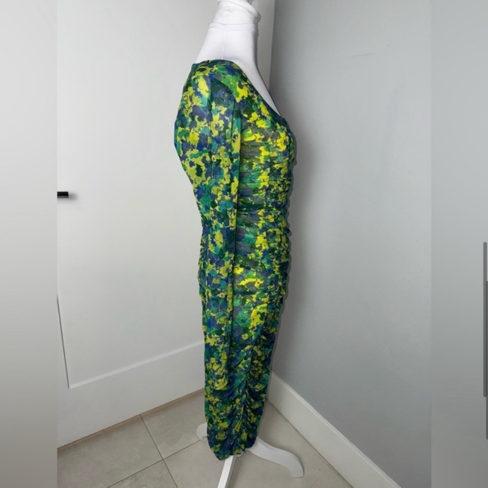 Ganni Ruched Printed Long Sleeve Stretch-Mesh Midi Dress - Picture 7 of 12